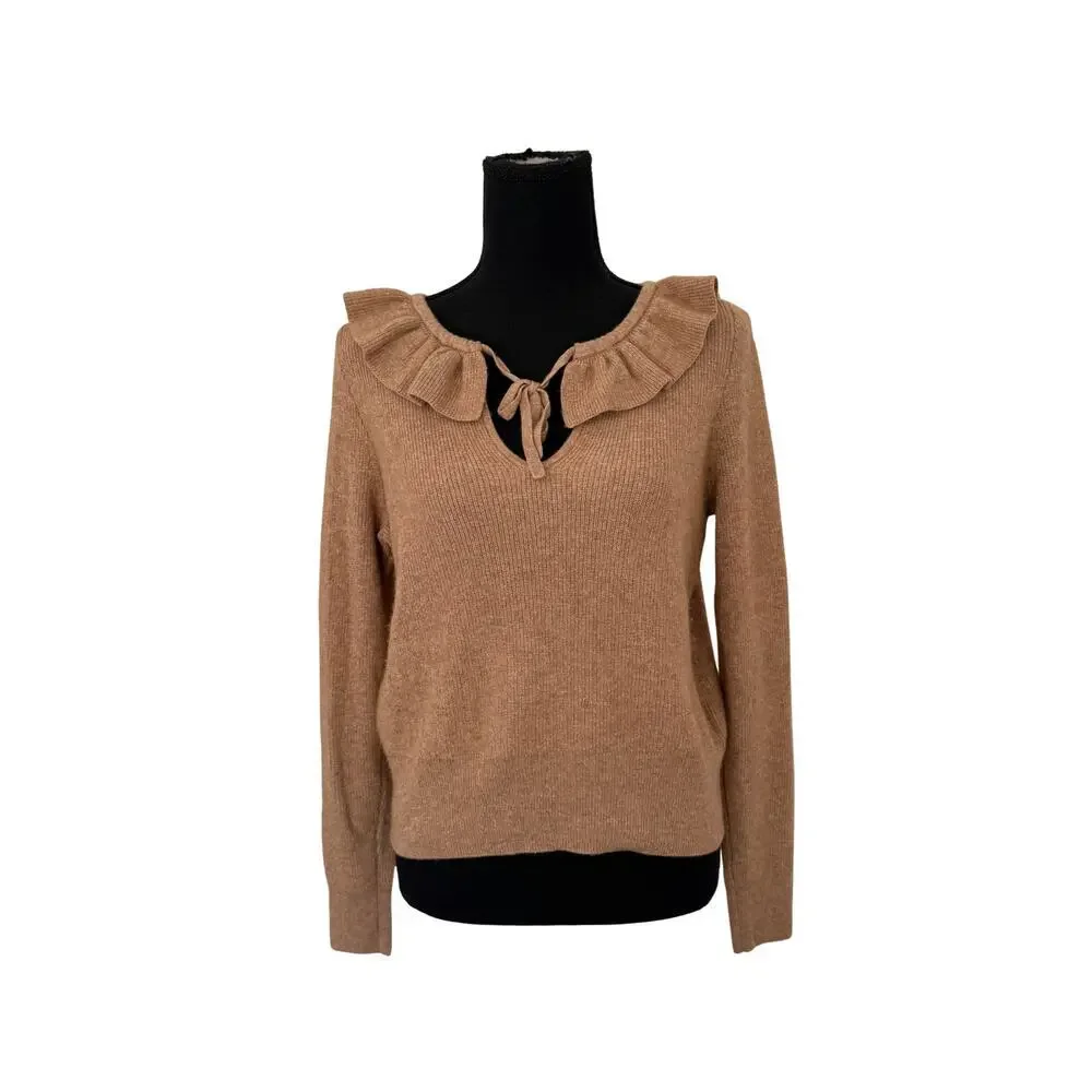 Madewell Ruffle Collar Sweater Tan Wool Alpaca Blend Long Sleeve Size M